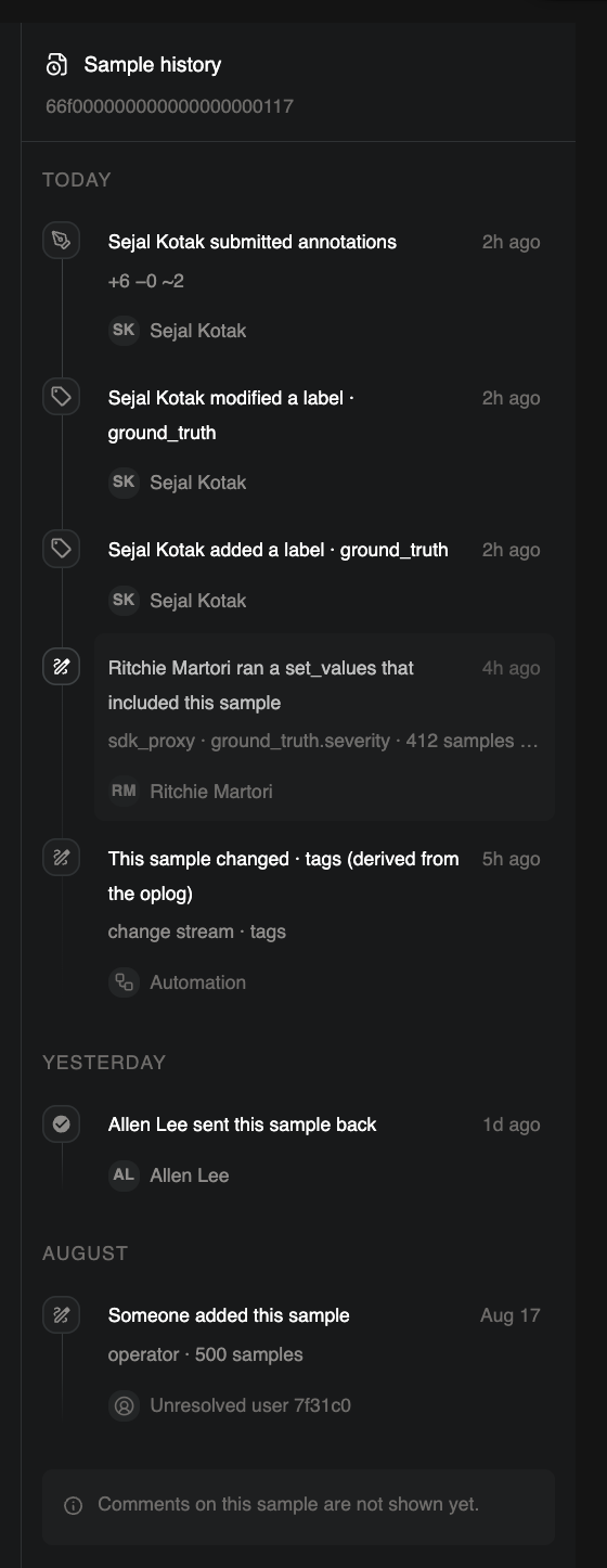 Voxel51's sample history panel showing a chronological record of annotation submissions, label changes, automated updates, and reviews, with user attribution and timestamps.