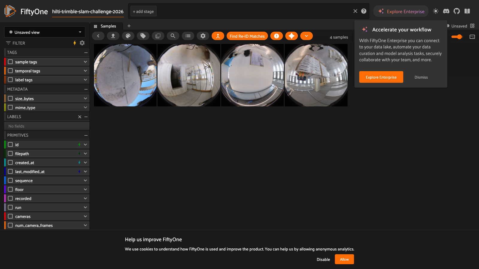 FiftyOne App grid showing four floor_6 episodes from the Hilti x Trimble SLAM Challenge 2026 dataset, each a circular fisheye frame of an active construction floor.