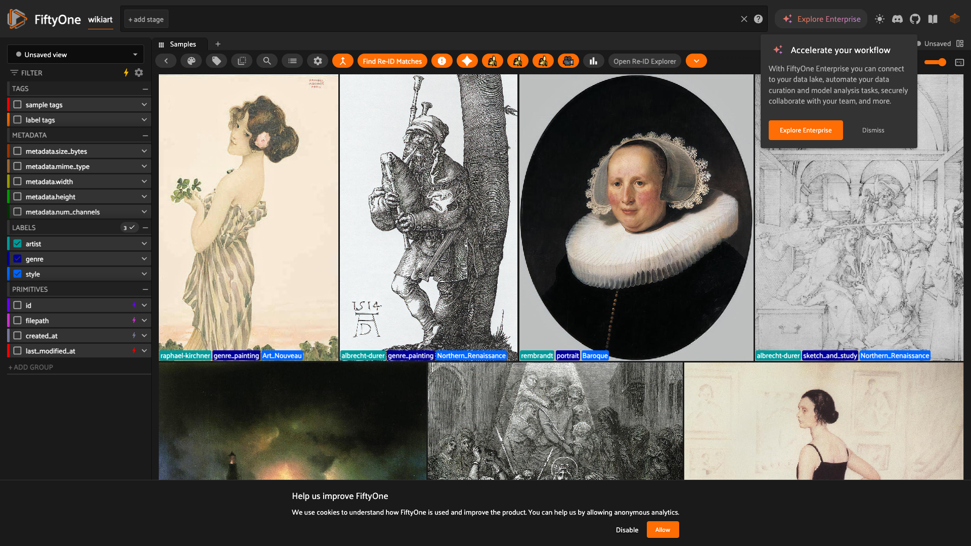 The full WikiArt dataset loaded in the FiftyOne App, showing paintings with artist, genre, and style labels.