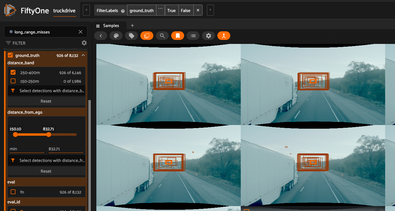 FiftyOne grid of TruckDrive highway frames filtered by distance from the ego vehicle, surfacing long-range detections the model missed.