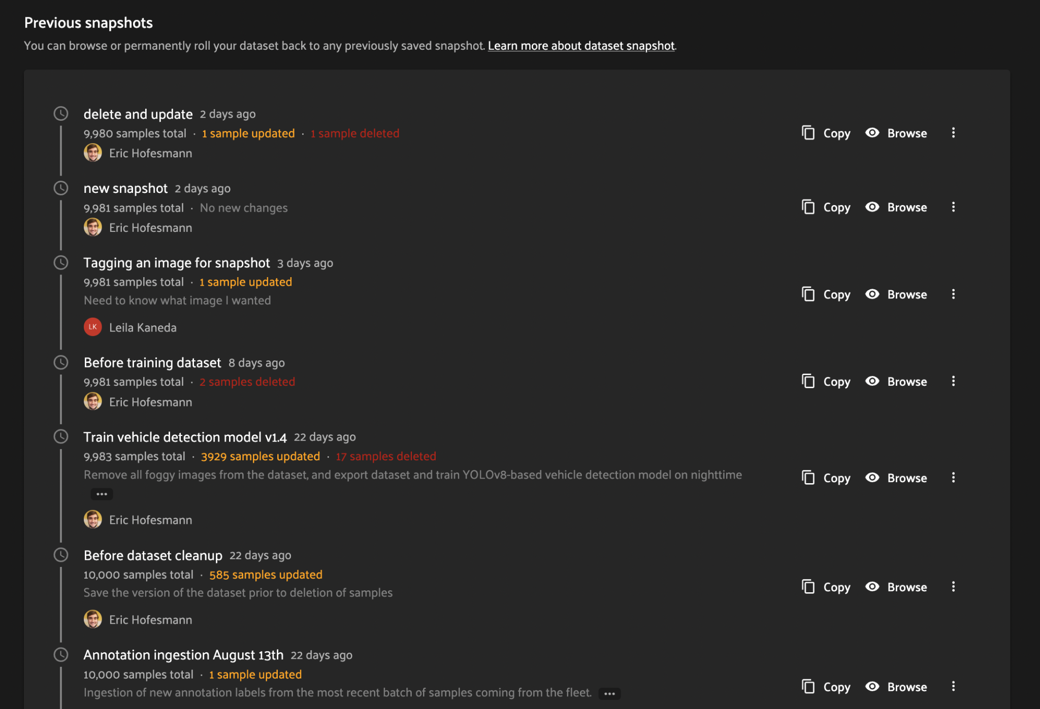 FiftyOne dataset snapshot history showing named checkpoints — from annotation ingestion through model training runs — with sample counts, change summaries, and the option to browse or roll back to any prior state.