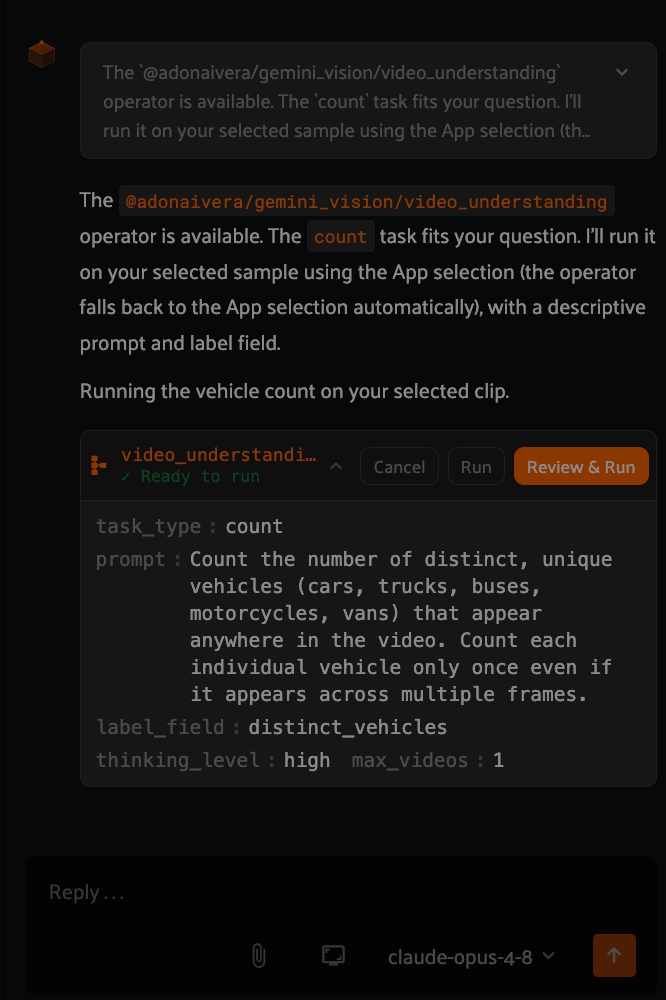 FiftyOne Agent proposing a video understanding call with task type count, a counting prompt, label field distinct_vehicles, thinking level high, and max videos 1, with a Review and Run button