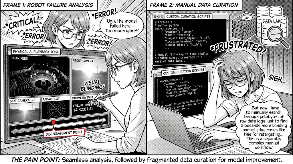 Two-panel comic: an engineer analyzes a robot failure caused by sensor glare using a playback tool with lidar, camera, radar, and odometry feeds; then manually writes custom scripts to search a data lake for similar glare edge cases, expressing frustration at the tedious workflow.
