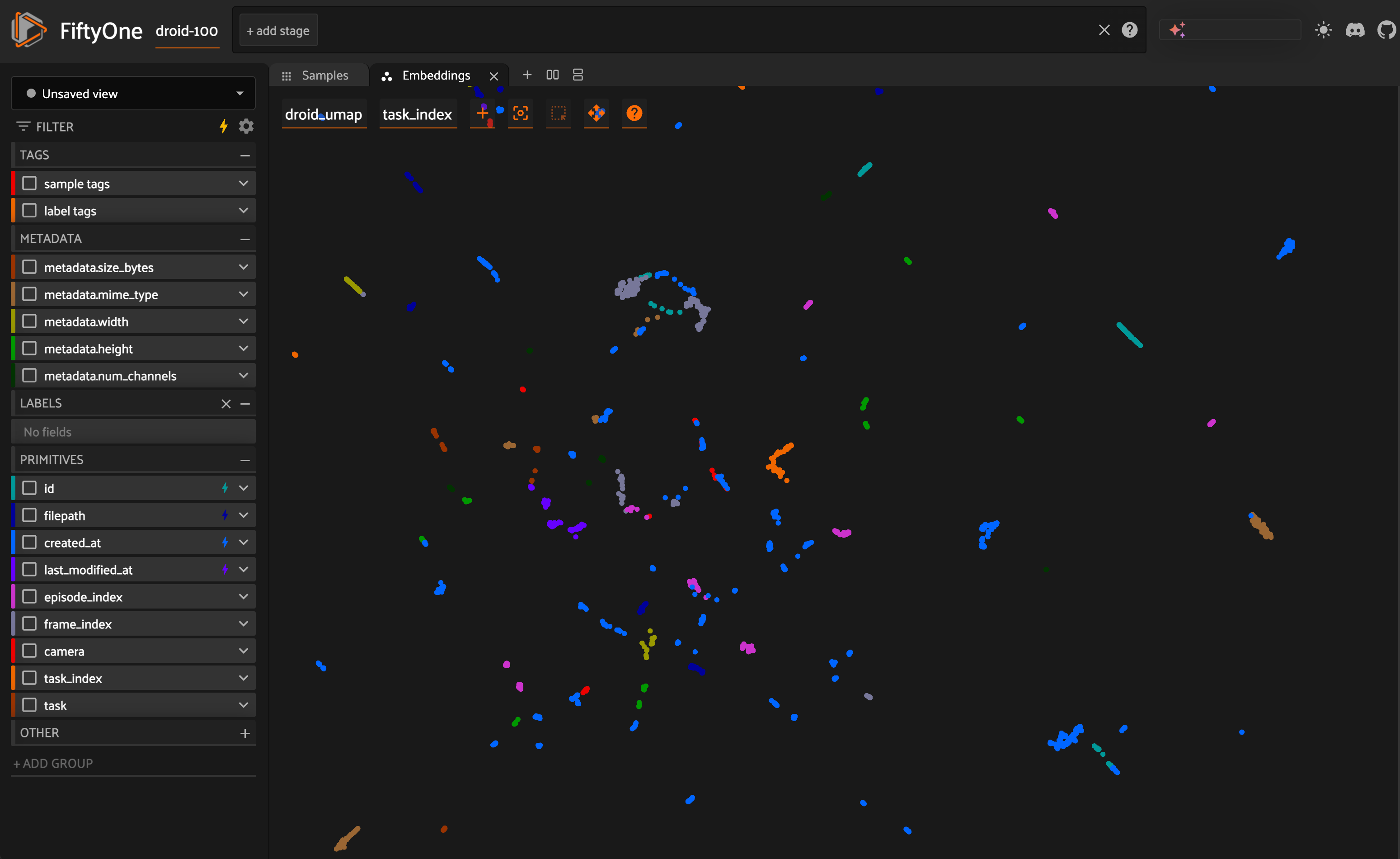 A UMAP scatter plot in FiftyOne showing CLIP image embeddings from a 100-episode subset of the DROID robot dataset. Hundreds of points form many small clusters colored by task, with frames from the same episode grouped into short threads.