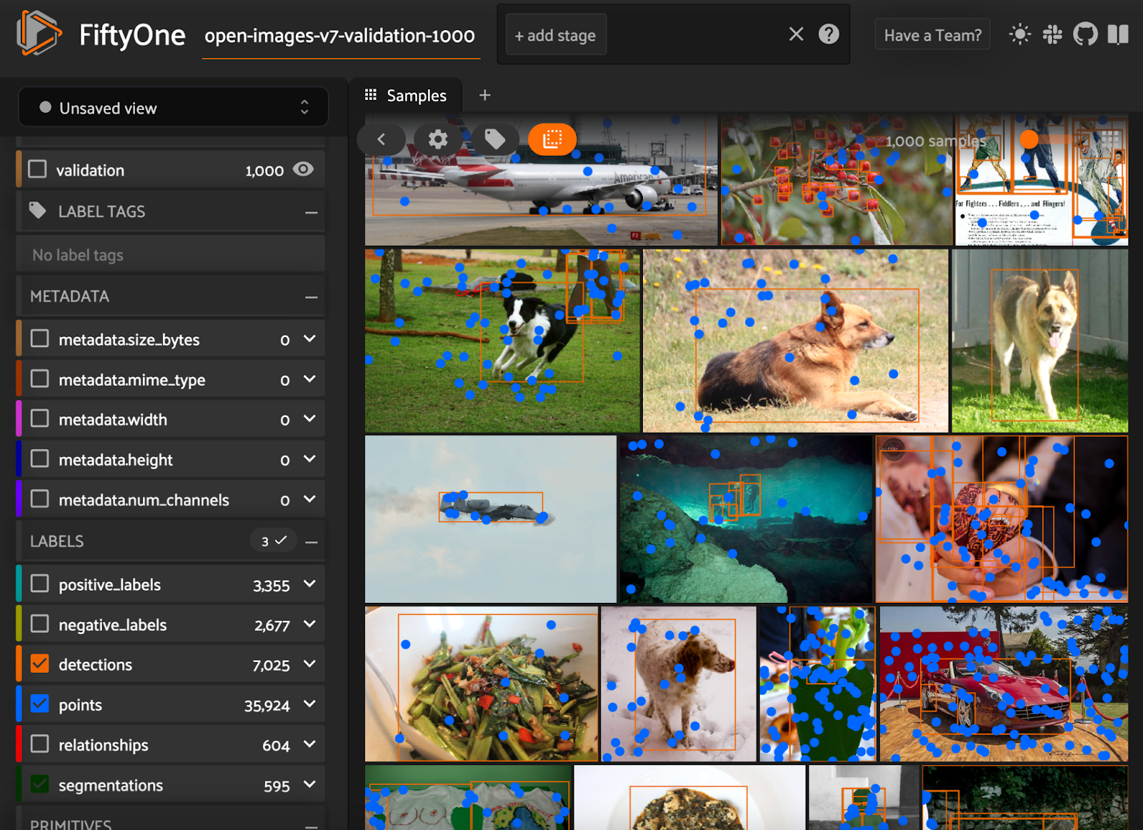 Images from the Open Images V7 validation split with only detection and point labels shown in the FiftyOne App. Image by author.
