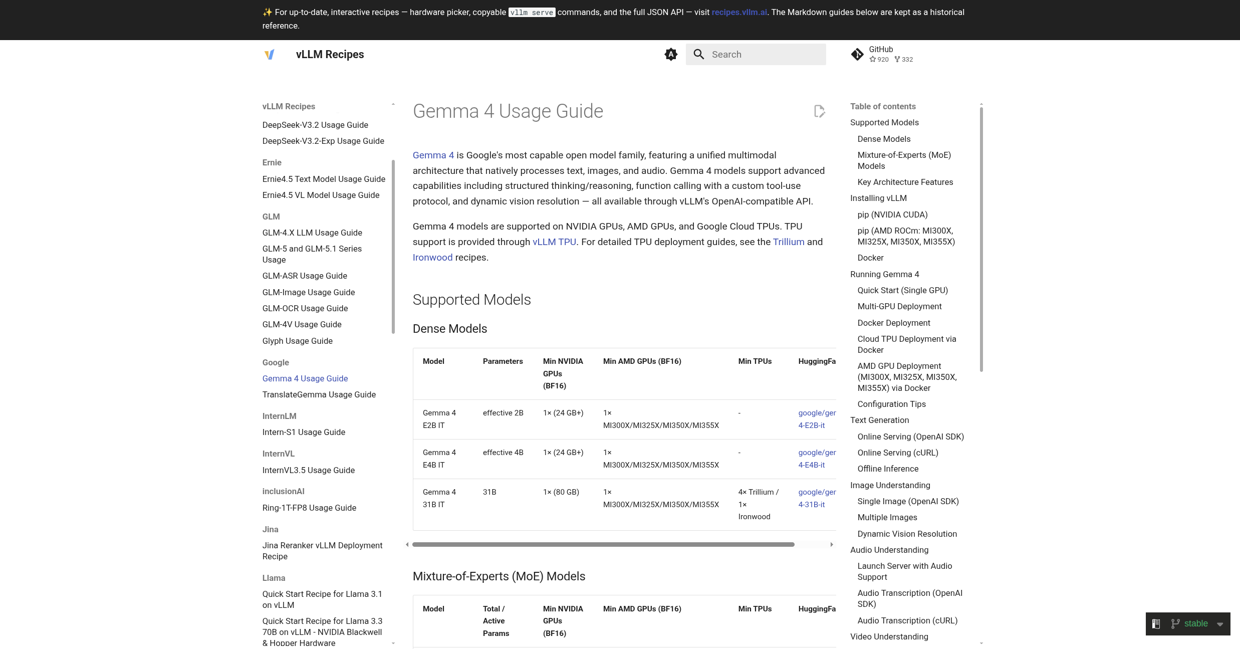 The vLLM Recipes documentation open to the Gemma 4 Usage Guide, showing supported model sizes and the function calling protocol for serving Gemma 4.