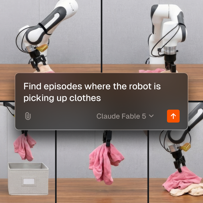 Screenshot of the FiftyOne Agent chat interface showing a user query "find episodes where the robot is picking up clothes" with background image of robot arm picking up clothes.