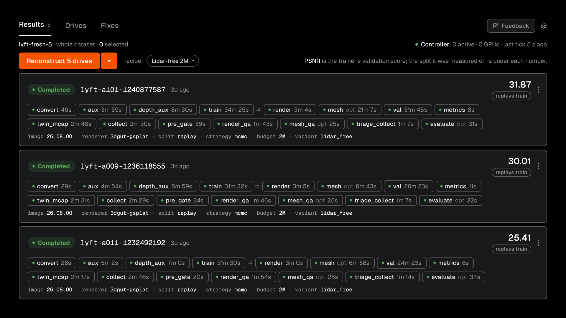 Dashboard listing driving-scene reconstruction results (lyft-a101, lyft-a009, lyft-a011) with pipeline stage timings and PSNR scores for a “Lidar-free 2M” recipe.