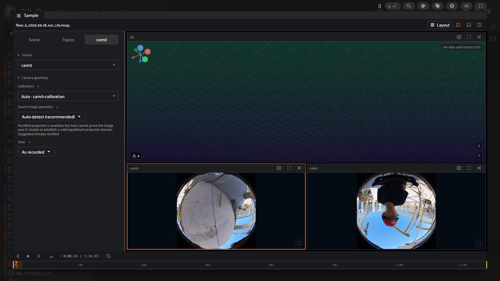 FiftyOne multimodal viewer playing floor_6_2025-06-18_run_1 with unrectified front (cam0) and rear (cam1) fisheye views above an empty 3D panel. The rear lens shows the operator carrying the rig.