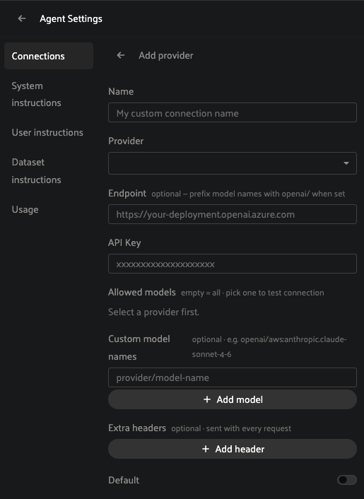 FiftyOne Agent add-provider settings screen with fields for name, provider, endpoint, API key, allowed models, custom model names, and extra headers.