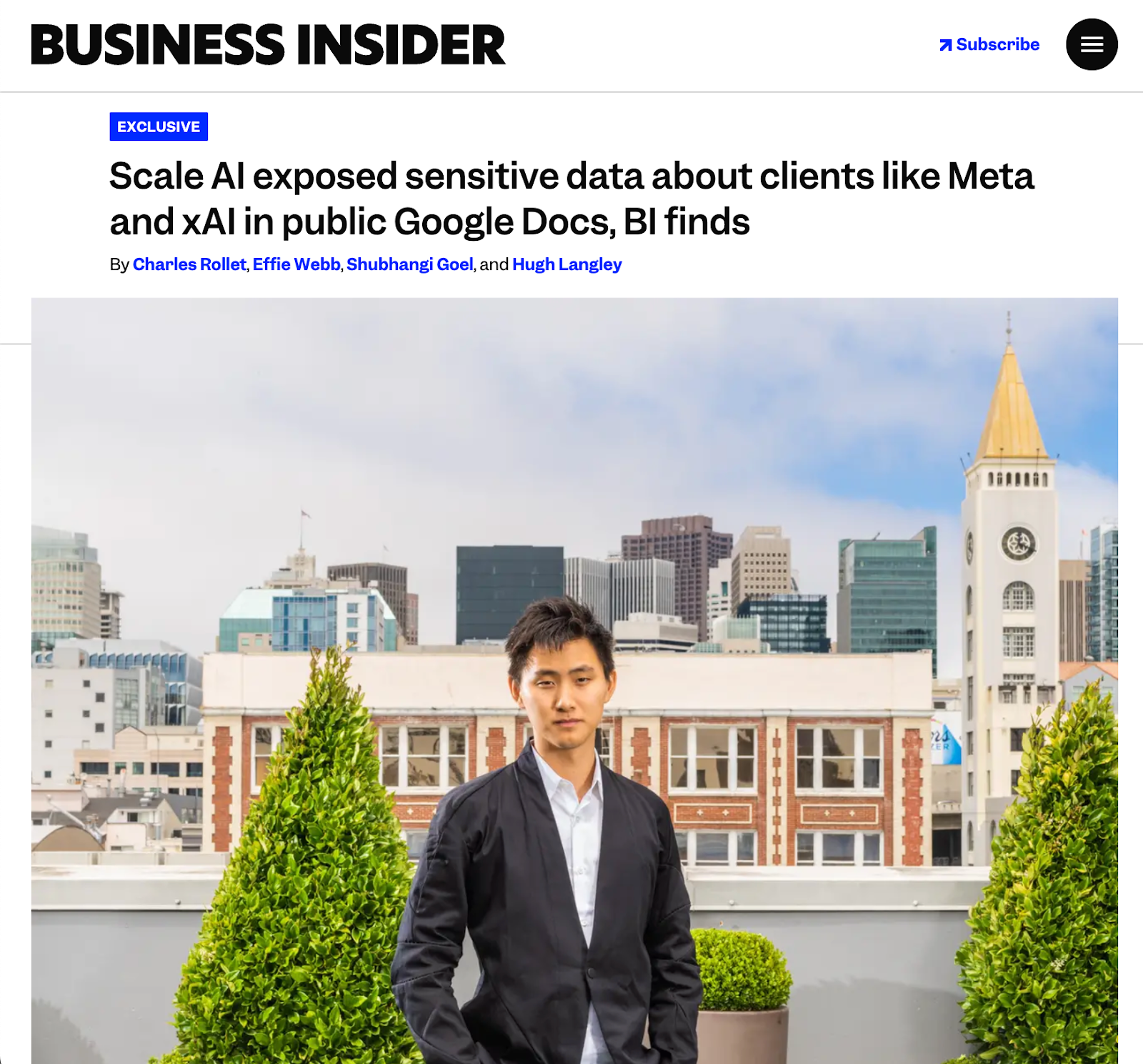 Business article titled, Sacle AI exposed senstivie data about clients like Meta and xAI in public Google Docs, BI finds.