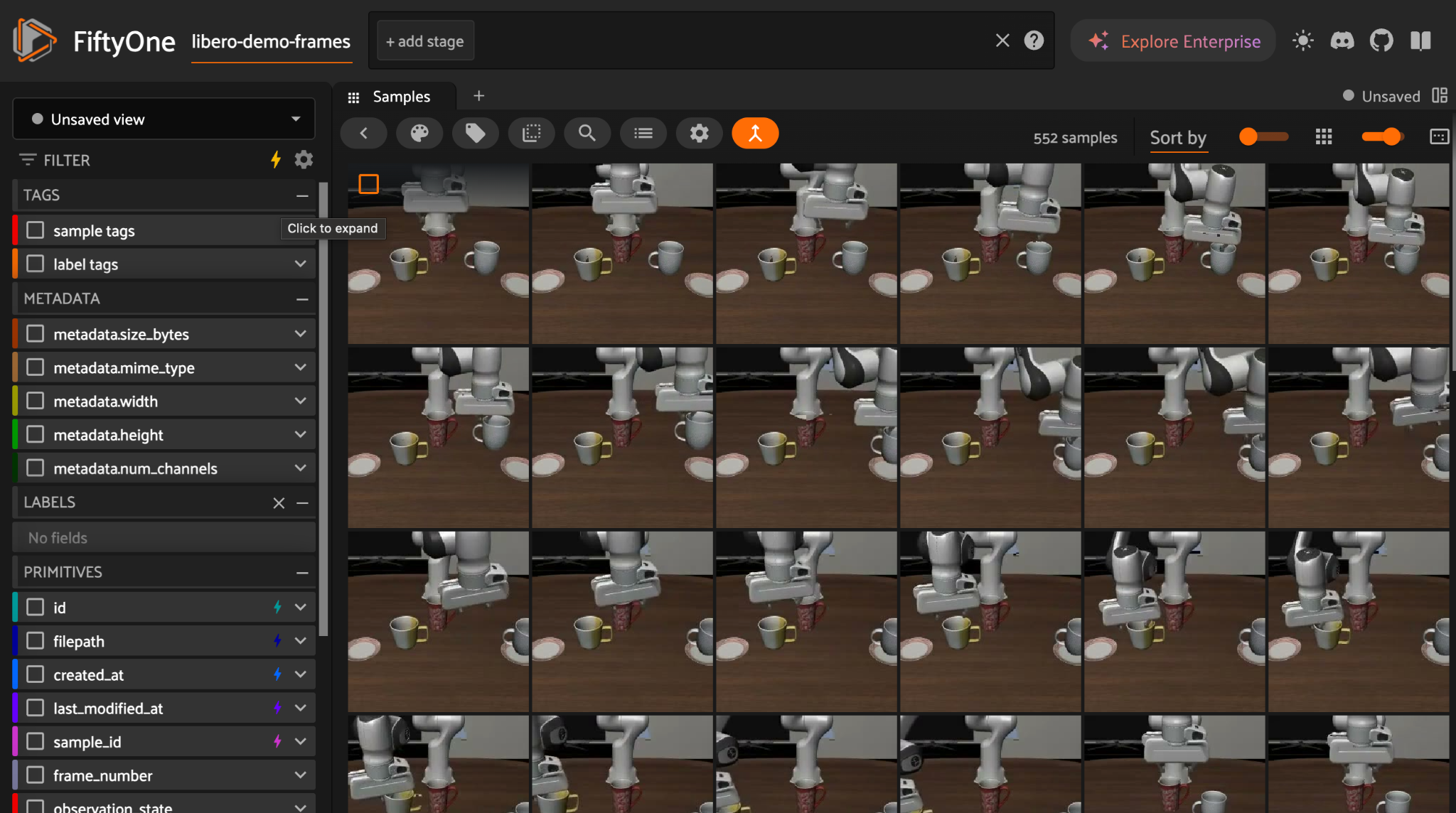 Grid of sampled frames from LIBERO robot manipulation episodes in the FiftyOne App