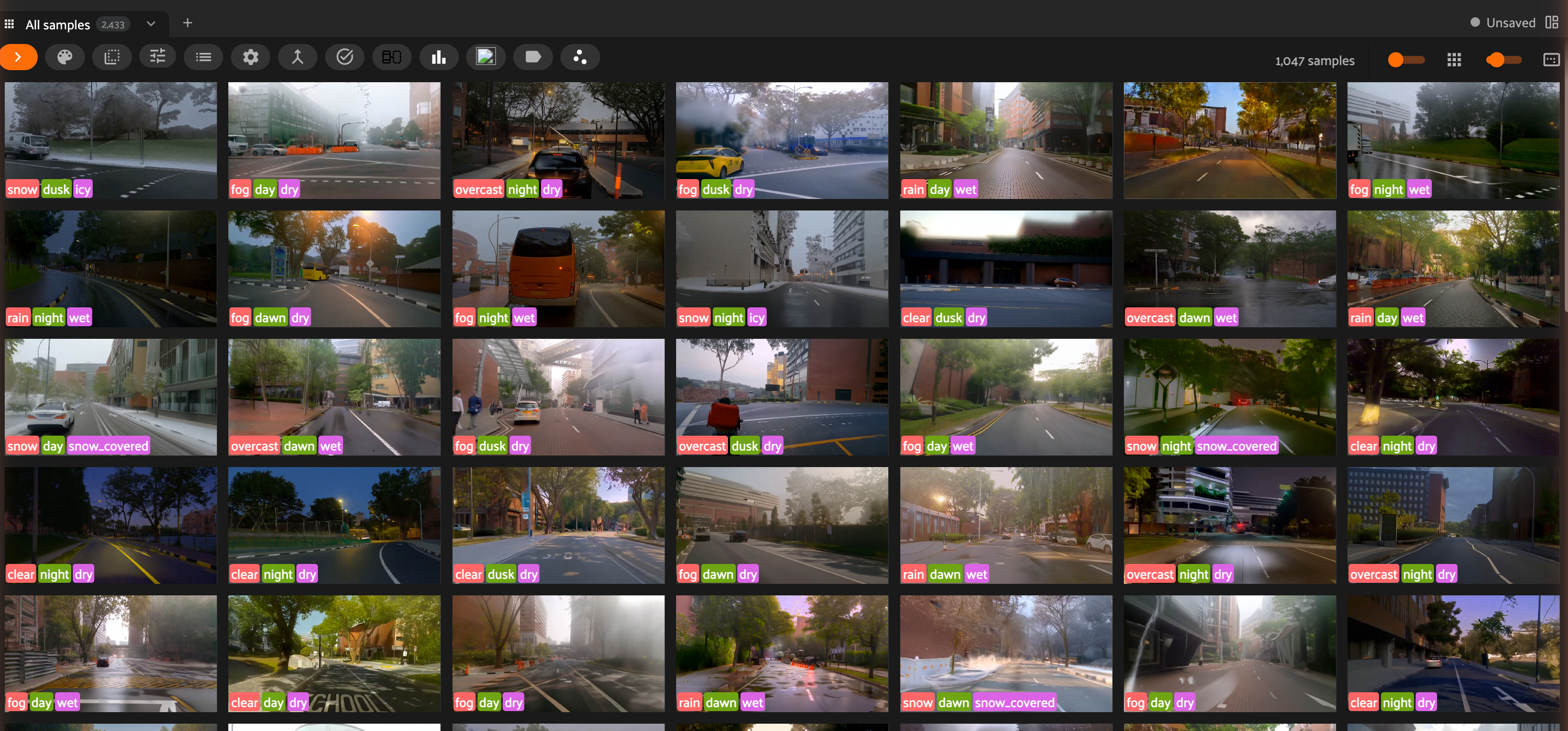 Voxel51 showing a grid of urban driving frames under varied conditions, each labeled with weather (clear, overcast, fog, rain, snow), time of day (dawn, day, dusk, night), and road surface (dry, wet, icy, snow-covered) tags.