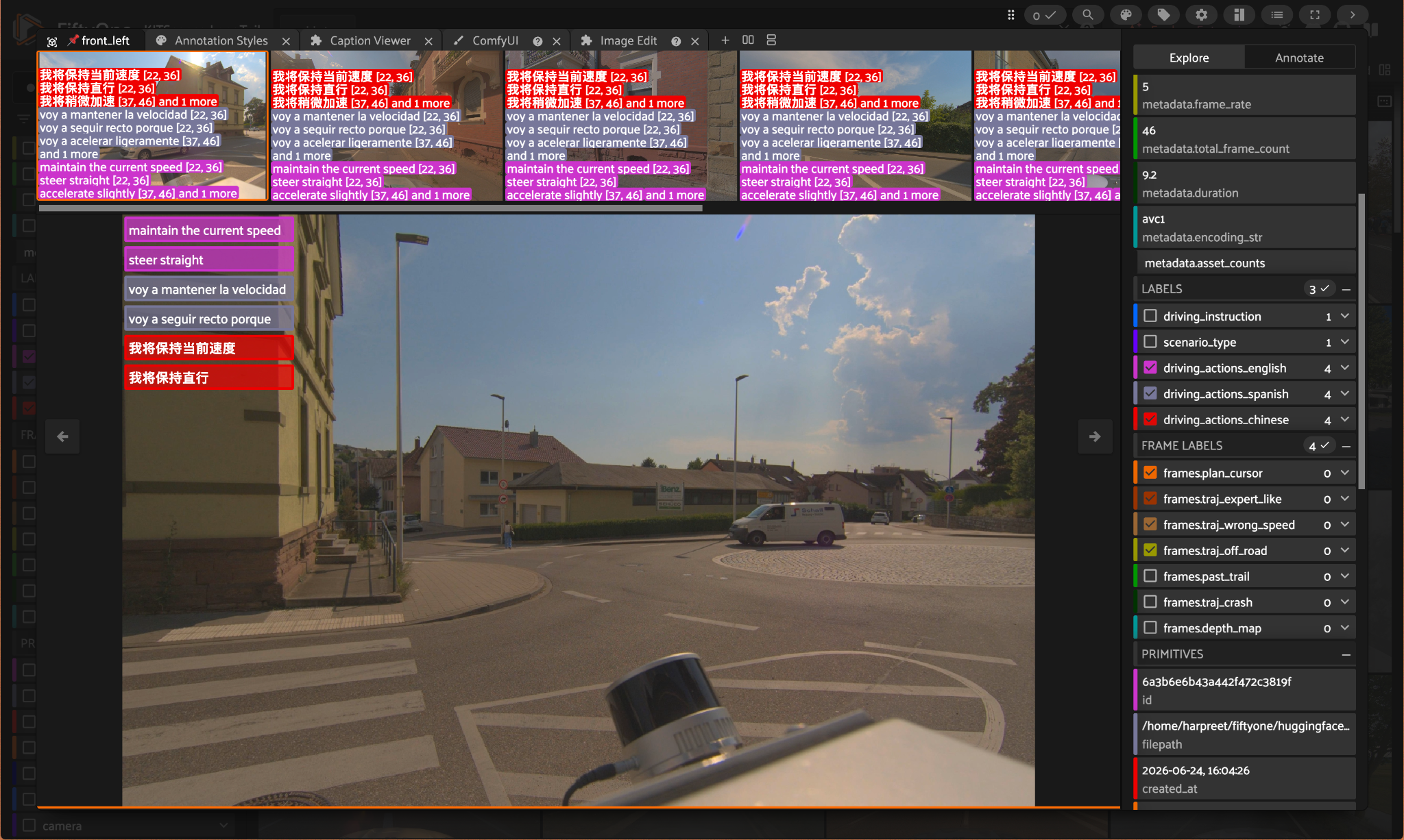Expert reasoning traces on the front_left camera in English, Spanish, and Chinese, each an independently authored account of the same driving decision.