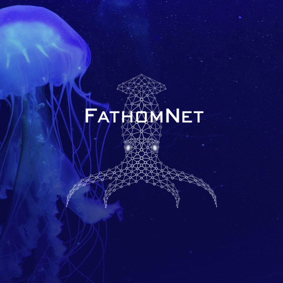 FathomNet logo, a geometric wireframe squid, over a photo of a glowing blue jellyfish