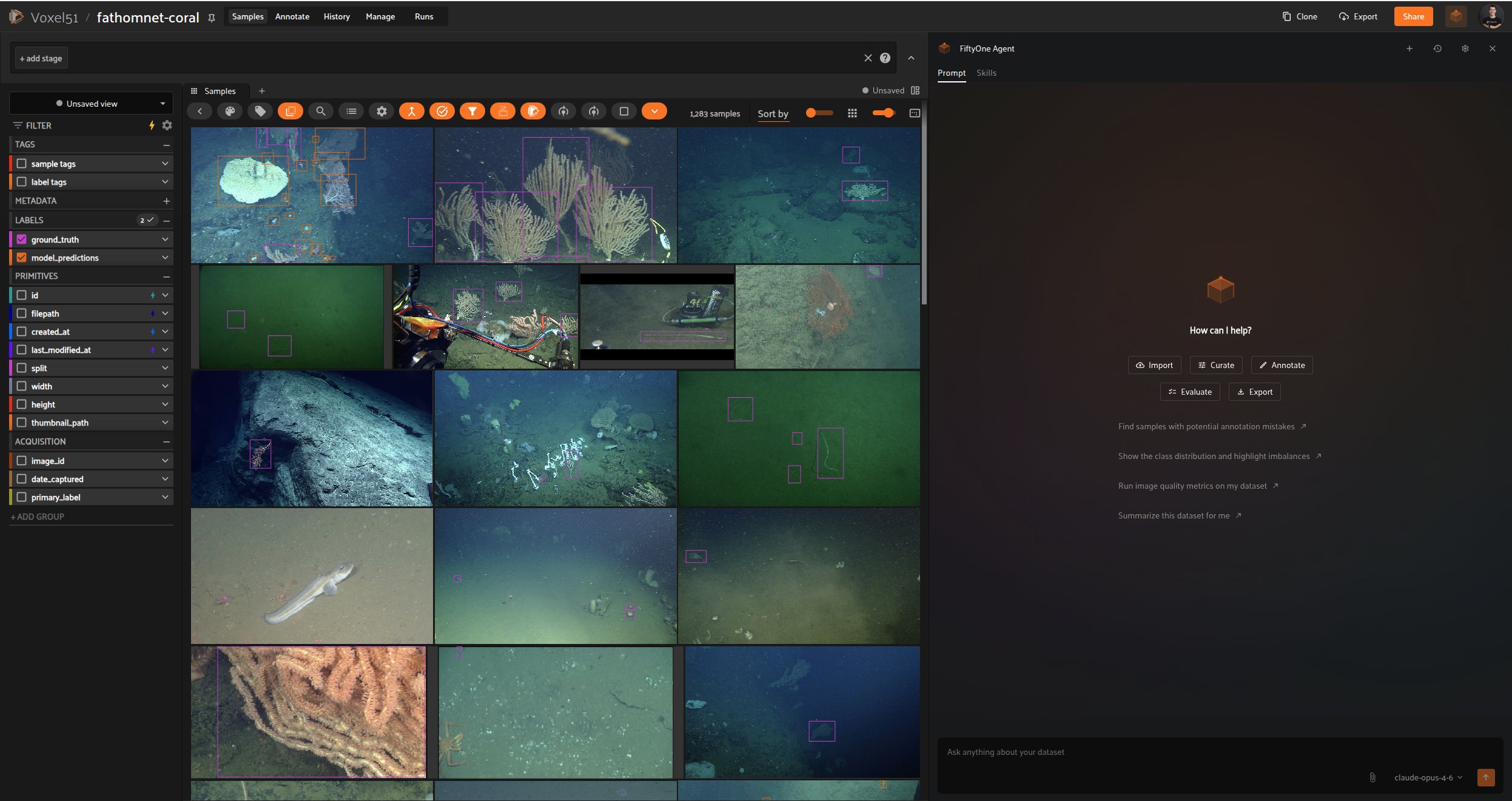 The FiftyOne Agent panel open on a coral reef dataset, with a grid of underwater images on the left and the agent chat prompt on the right.