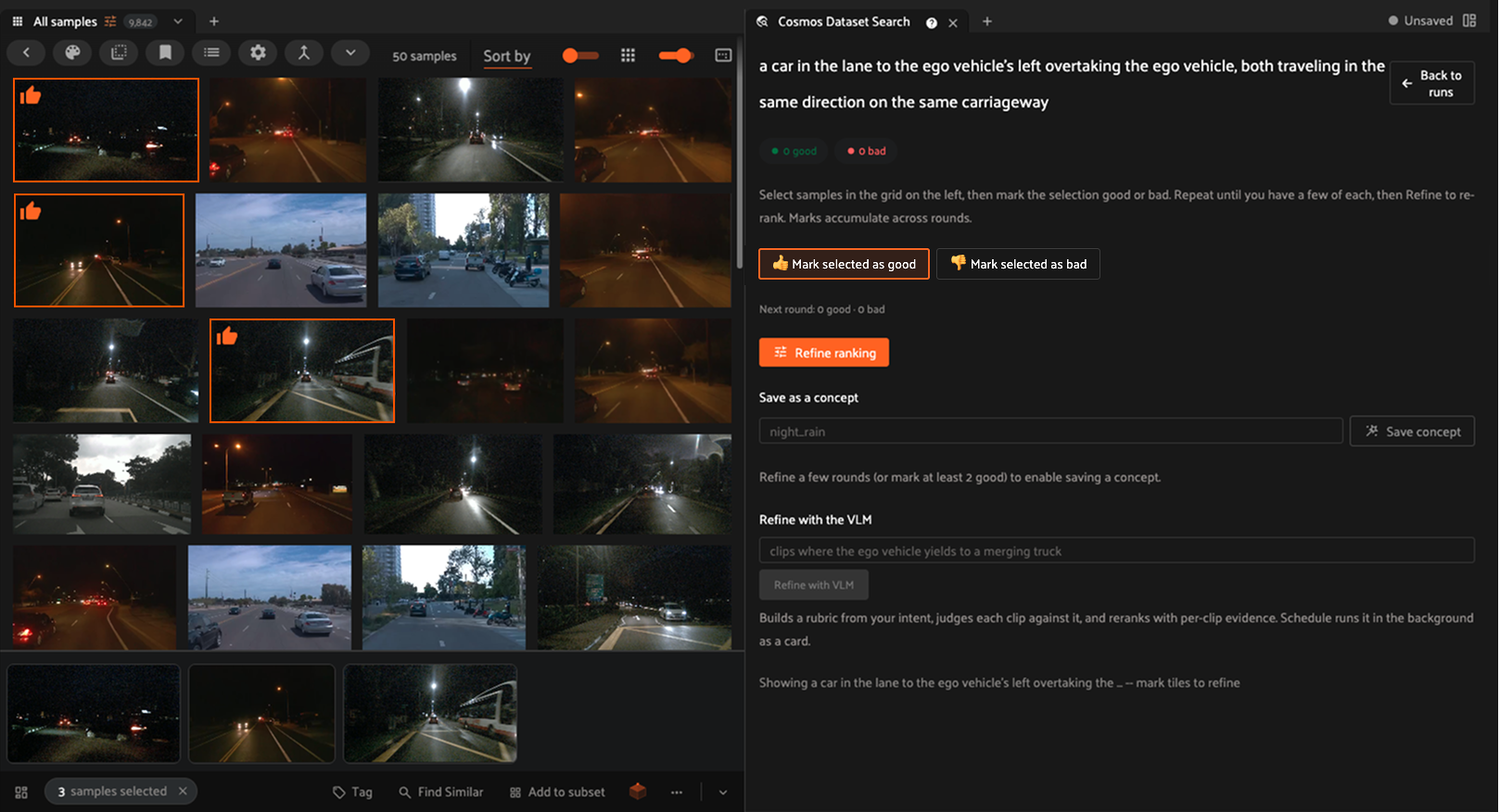 A grid of driving-scene thumbnails with three marked “good” via thumbs-up, alongside a search panel for the query about a car overtaking the ego vehicle, with options to refine ranking, save as a concept, or refine with a VLM.