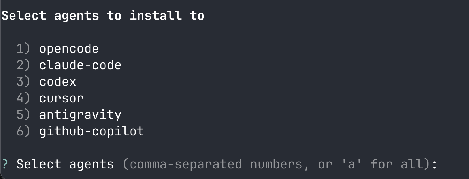 The skil.sh installer prompting which agent to target, with Antigravity as option 5.