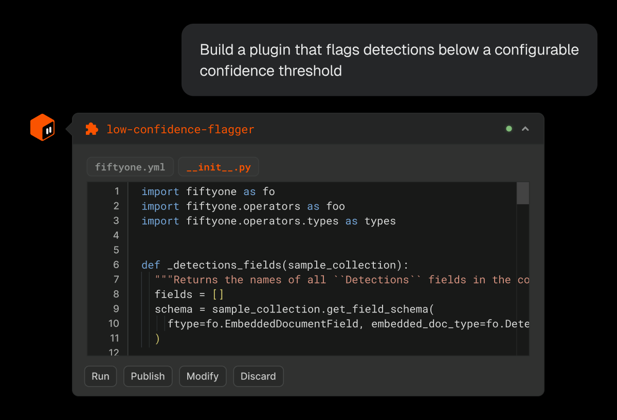 User asking to build a plugin that flags detections below a configurable confidence threshold, and Voxel51 Agent building it with Python. 
