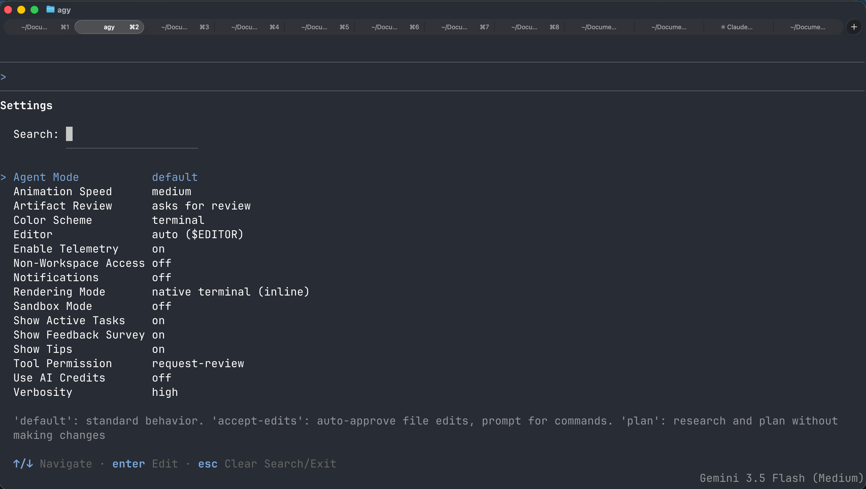 The Antigravity CLI /config settings panel showing Tool Permission and other safety controls.