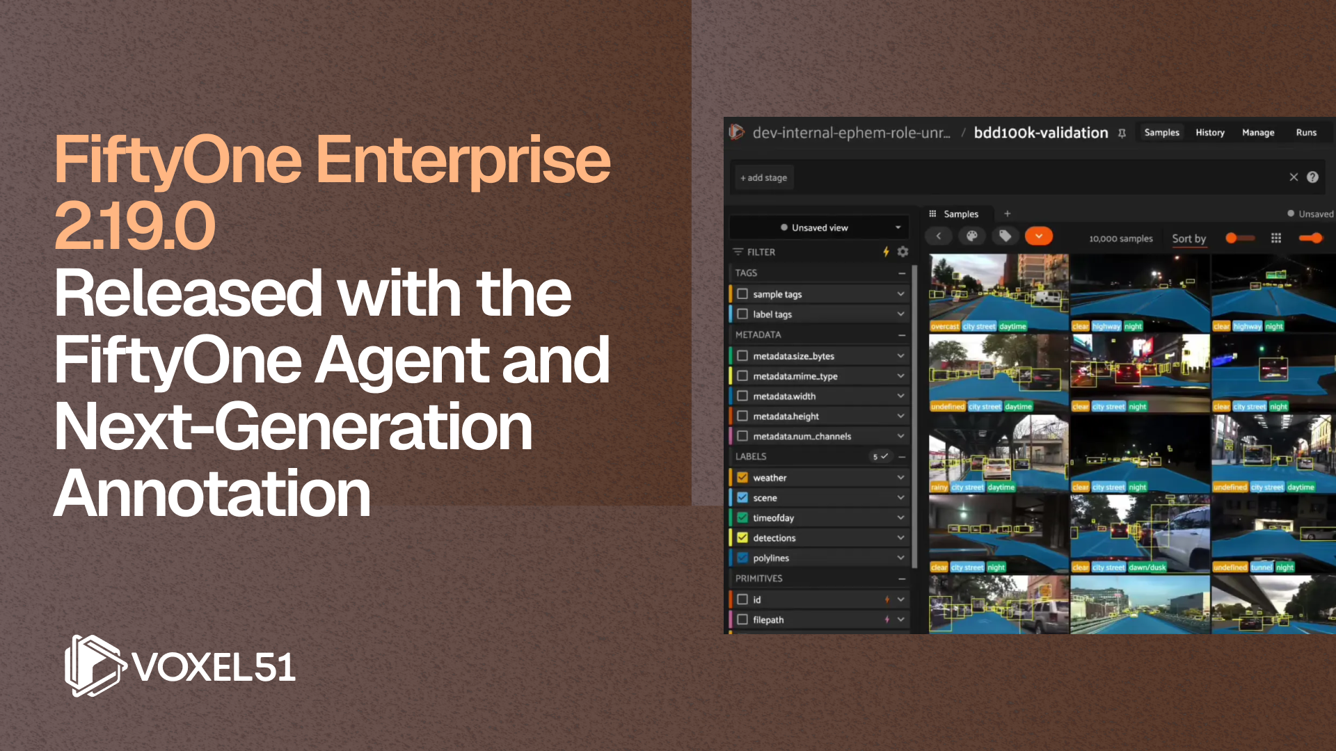 FiftyOne Enterprise 2.19.0 announcement graphic titled "Released with the FiftyOne Agent and Next-Generation Annotation," showing the FiftyOne App displaying the BDD100K validation dataset with labeled driving-scene images and a filter sidebar.