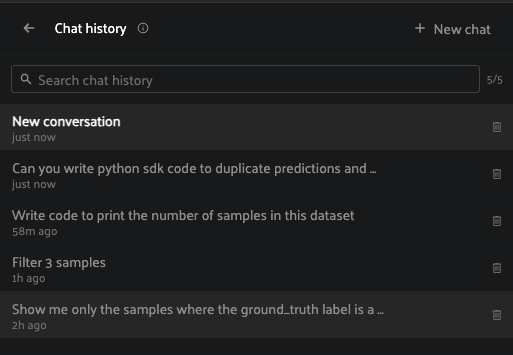 FiftyOne Agent chat history panel listing saved past conversations, including writing Python SDK code, printing sample counts, and filtering samples.