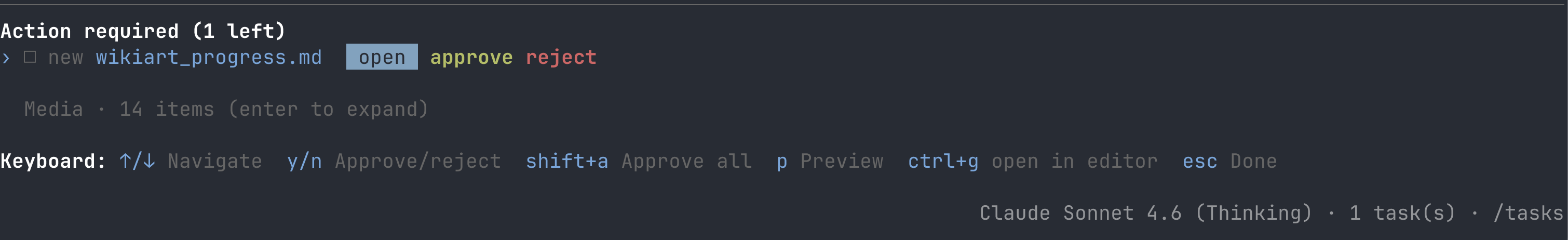 An Antigravity CLI approval gate confirming a new file, with Claude Sonnet 4.6 (Thinking) as the active model.