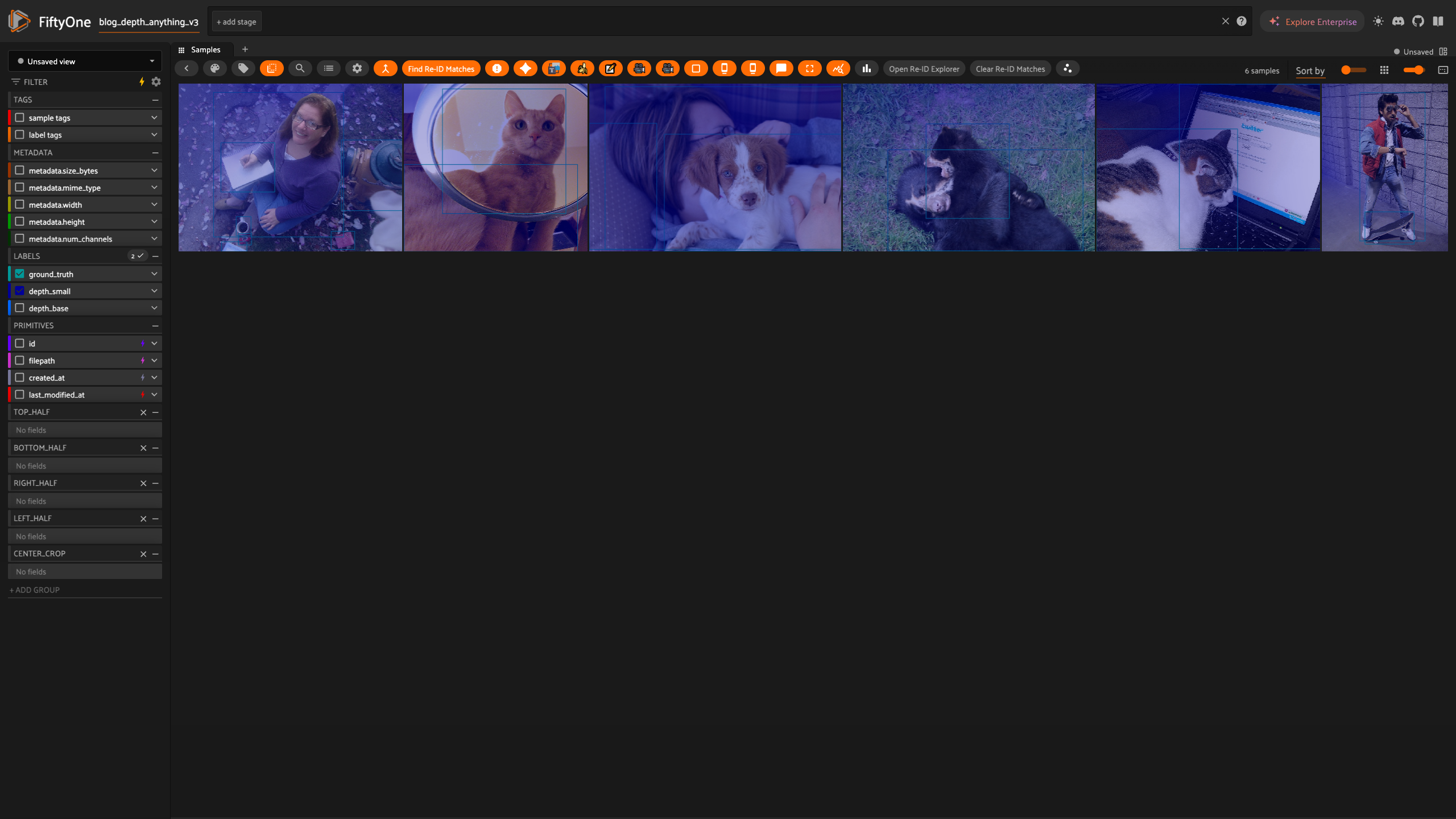Six FiftyOne Quickstart samples in the FiftyOne App with the depth_small heatmap overlaid, showing people, cats, dogs, and bear cubs with ground truth boxes.