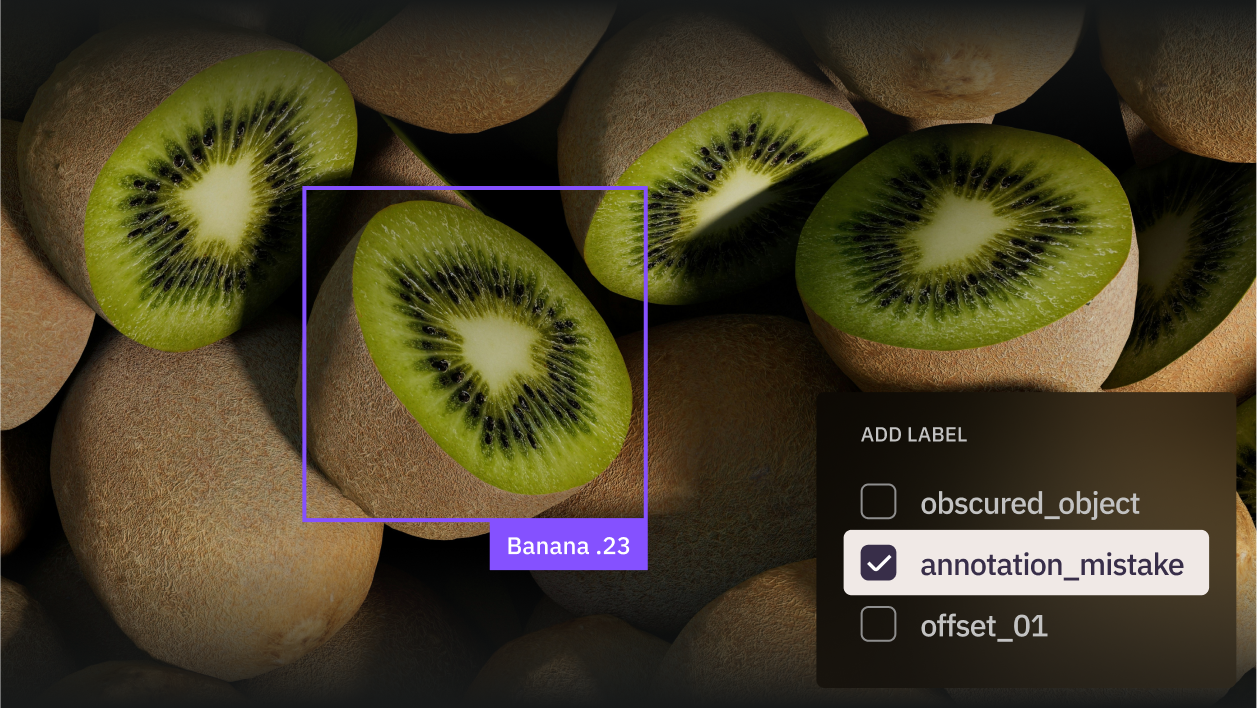 A sliced kiwi mislabeled 'Banana' with a detection box, being tagged 'annotation_mistake' to improve label accuracy.