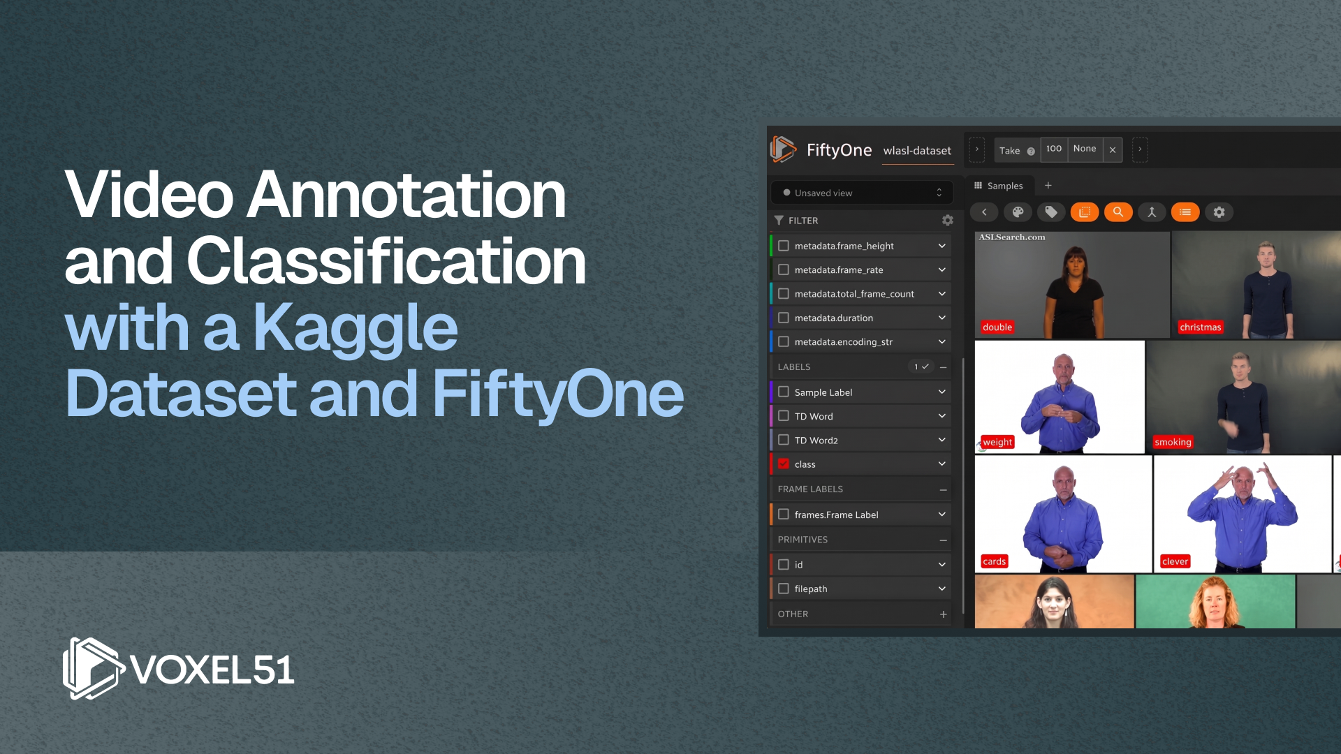 Blog title image with blog title: Video Annotation and Video Classification with a Kaggle Video Dataset and FiftyOne