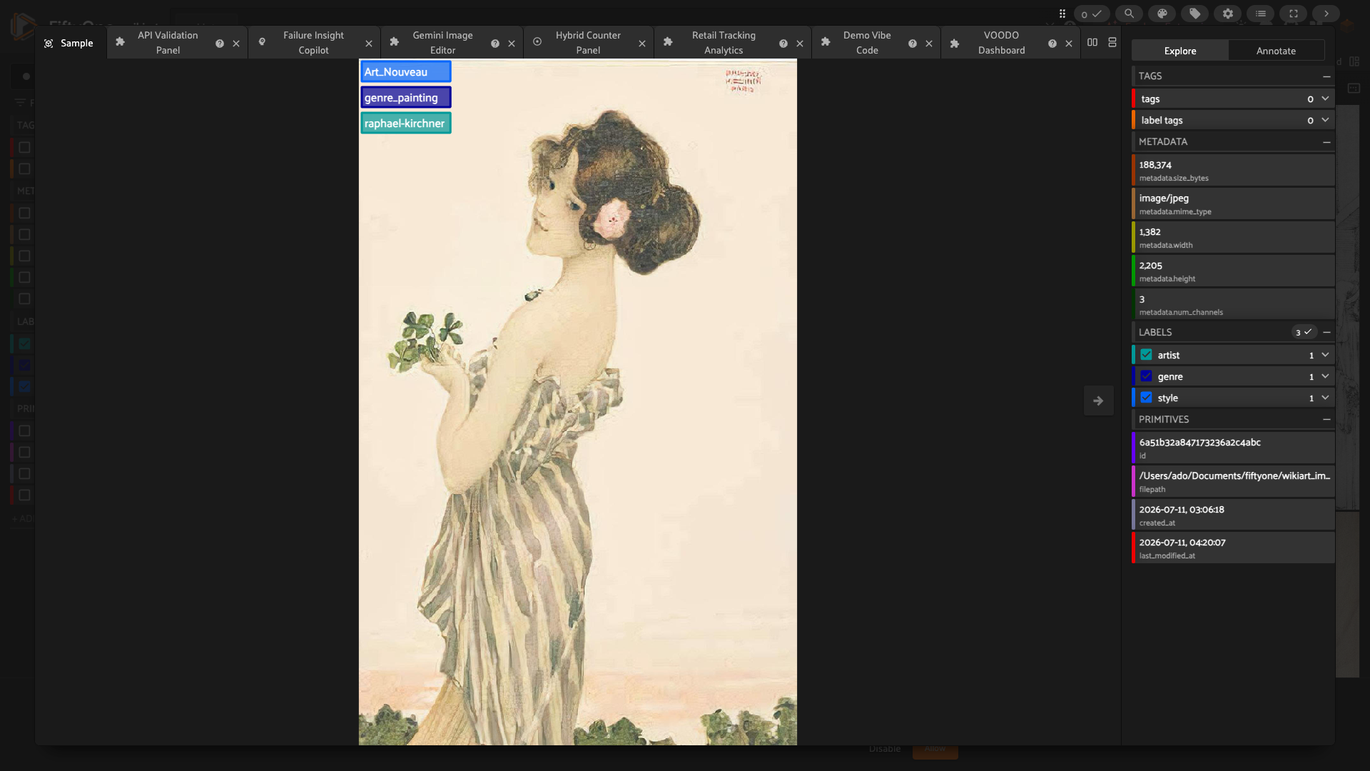 A single WikiArt painting in the FiftyOne sample viewer showing metadata and a uniqueness score of 0.87.