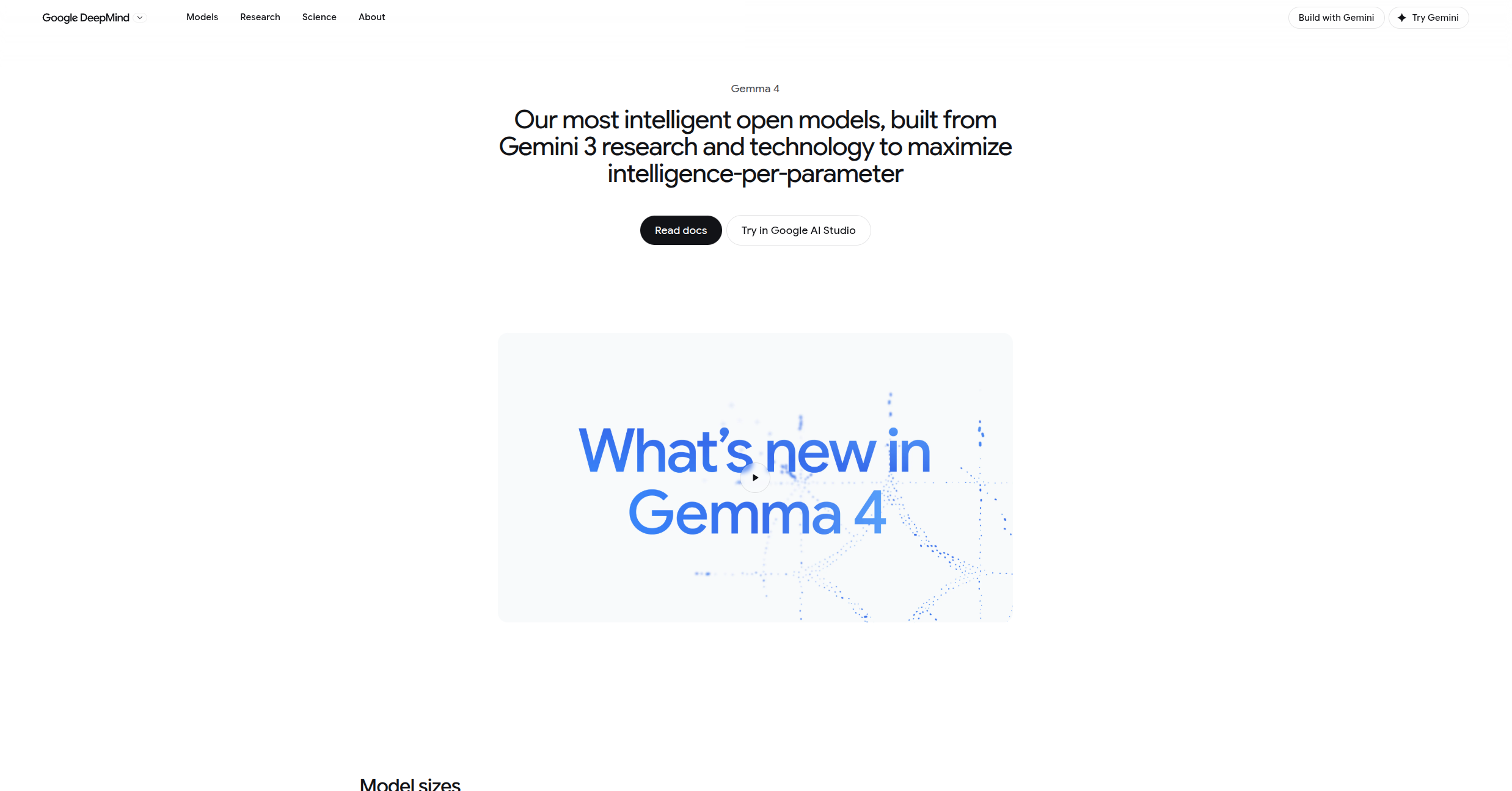 Google DeepMind's Gemma 4 announcement page, headlined "Our most intelligent open models, built from Gemini 3 research," with a "What's new in Gemma 4" banner.