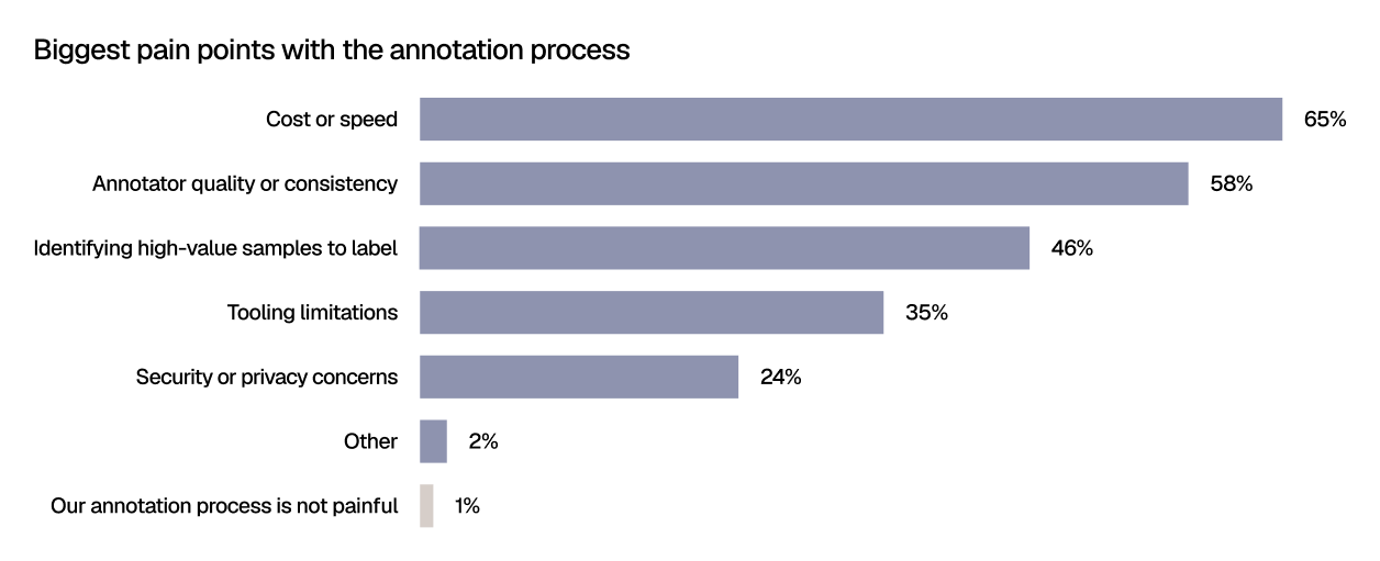 Horizontal bar chart titled “Biggest pain points with the annotation process.” The top pain point is cost or speed at 65%, followed by annotator quality or consistency at 58%. Other common pain points include identifying high-value samples to label at 46%, tooling limitations at 35%, and security or privacy concerns at 24%. Only 2% selected other, and 1% say their annotation process is not painful.