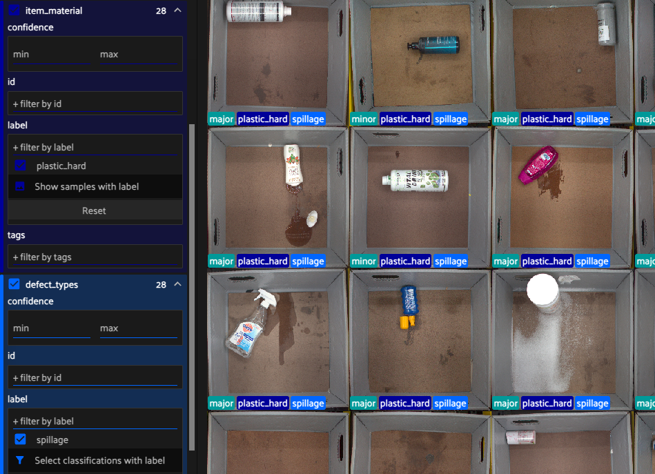 FiftyOne App filtering Kaputt samples to hard plastic items with spillage defects, showing leaked product across the box floors