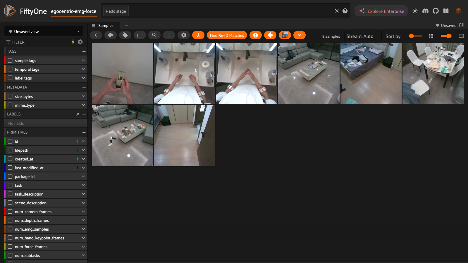 FiftyOne sample grid showing the eight egocentric-emg-force episodes, with filterable fields including task, package_id, num_emg_samples, and num_force_frames in the left sidebar.
