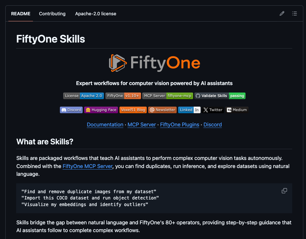 README section from the voxel51/fiftyone-skills repository explaining how skills bridge natural language and FiftyOne's operator library.
