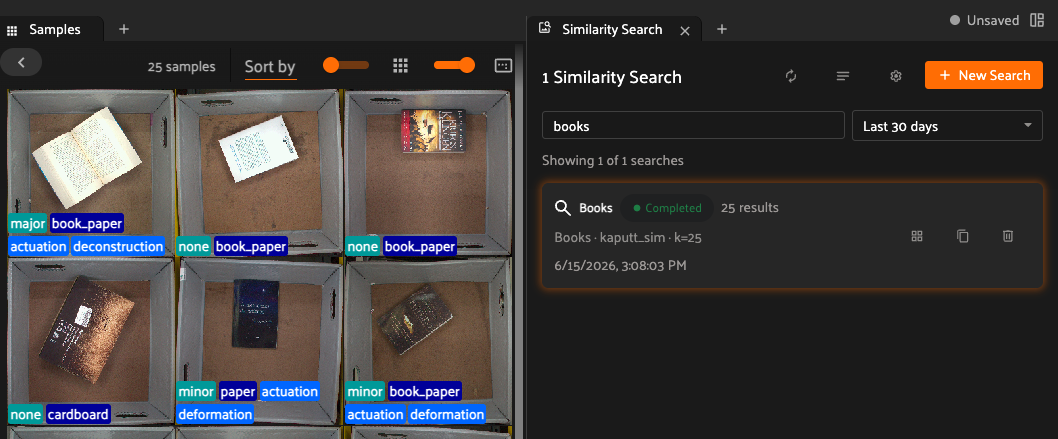 FiftyOne similarity search results for "books" returning 25 visually similar Kaputt samples, several tagged with defects