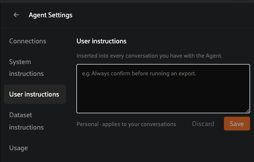 FiftyOne Agent settings showing the User instructions field, which inserts custom guidance into every conversation with the agent.