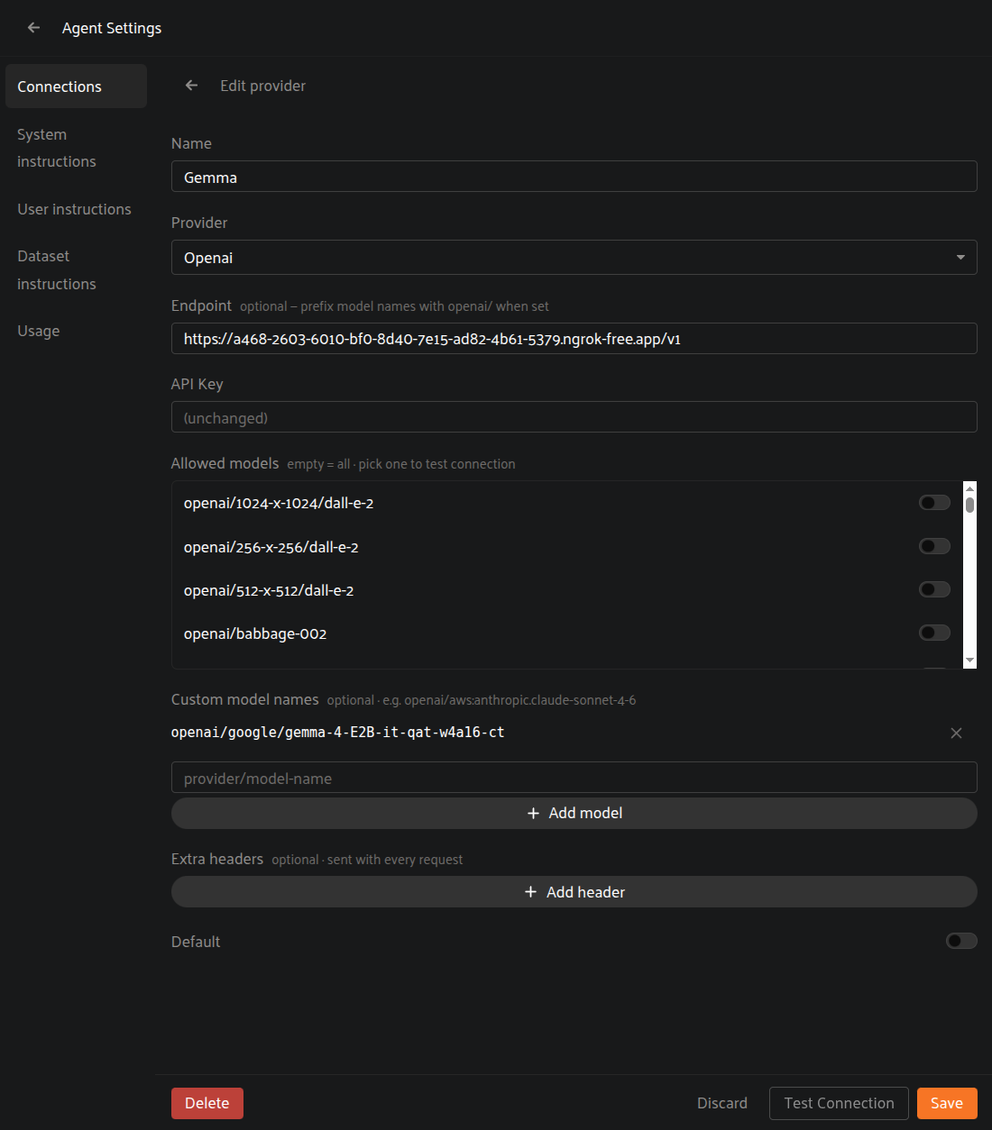The FiftyOne Add provider form filled in for a self-hosted model named Gemma, using the standard provider type, a custom endpoint, and the exact Gemma 4 model id.
