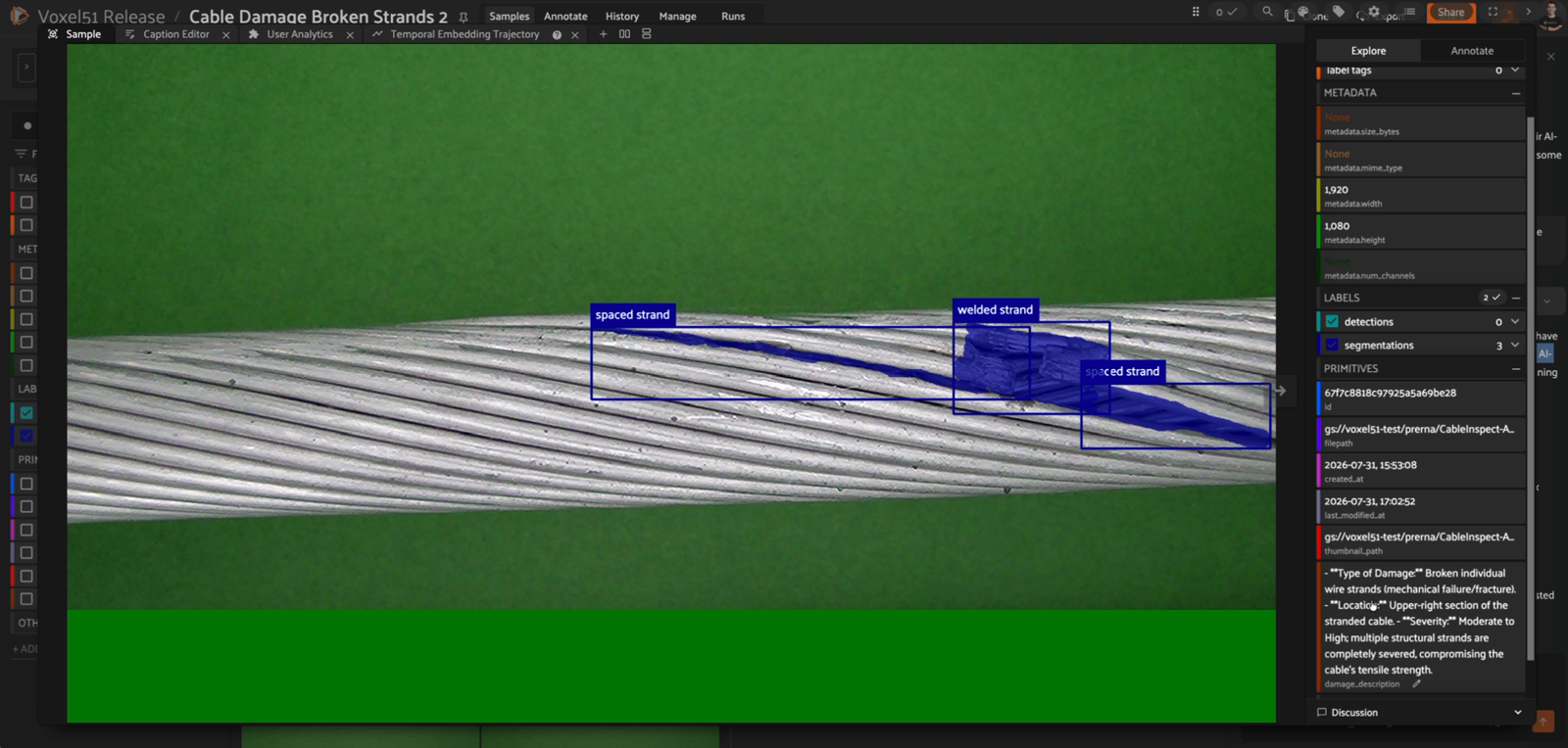 Cable sample showing spaced strand and welded strand detections alongside the agent-written damage_description caption