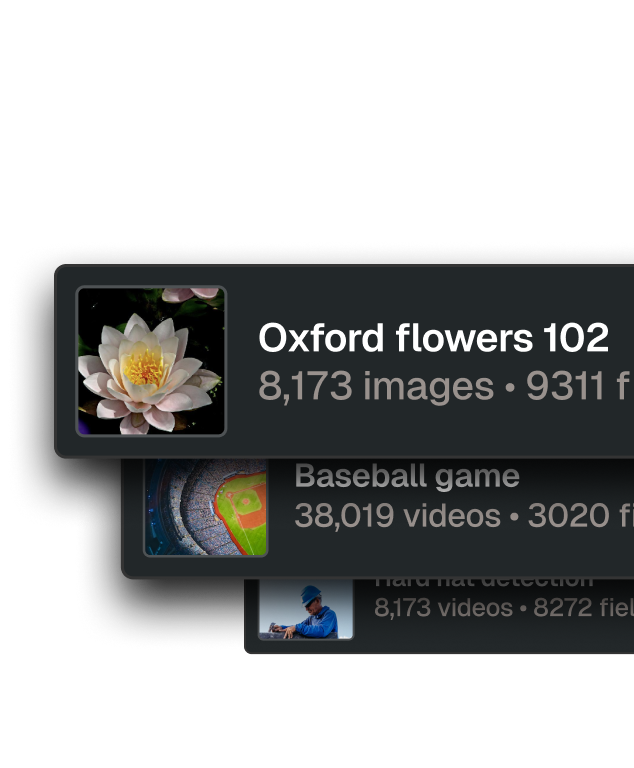FiftyOne interface listing image and video datasets with sample counts, illustrating support for large-scale data.