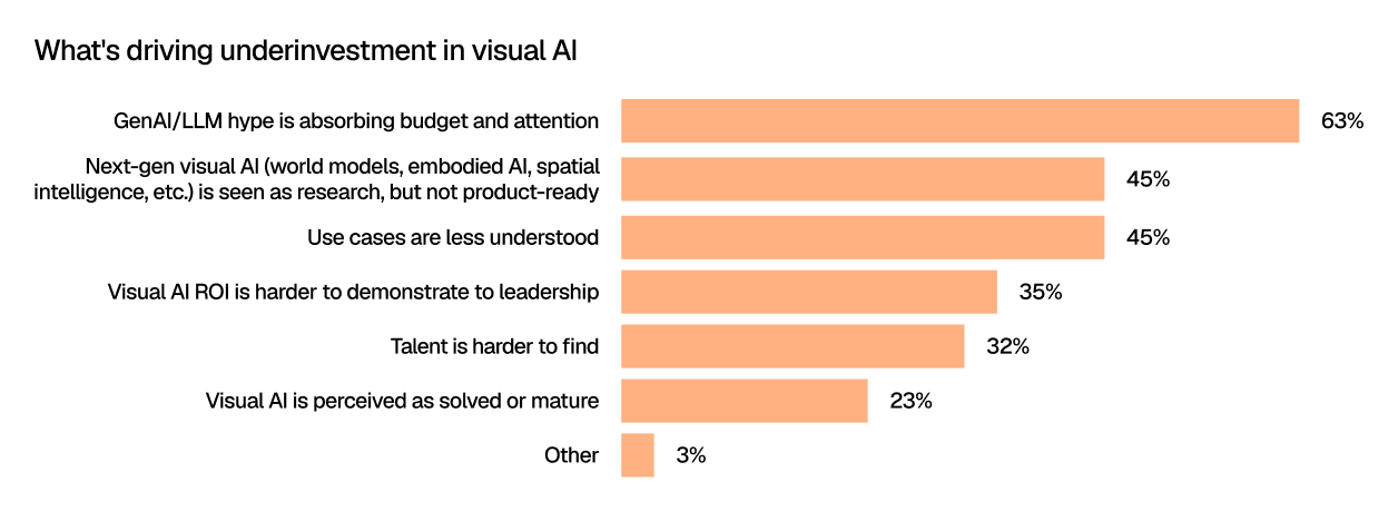 Horizontal bar chart titled “What’s driving underinvestment in visual AI.” The top reason is GenAI/LLM hype absorbing budget and attention at 63%. Next-gen visual AI being seen as research but not product-ready and use cases being less understood, both are tied at 45%. Other reasons include visual AI ROI being harder to demonstrate to leadership at 35%, talent being harder to find at 32%, visual AI being perceived as solved or mature at 23%, and other at 3%.