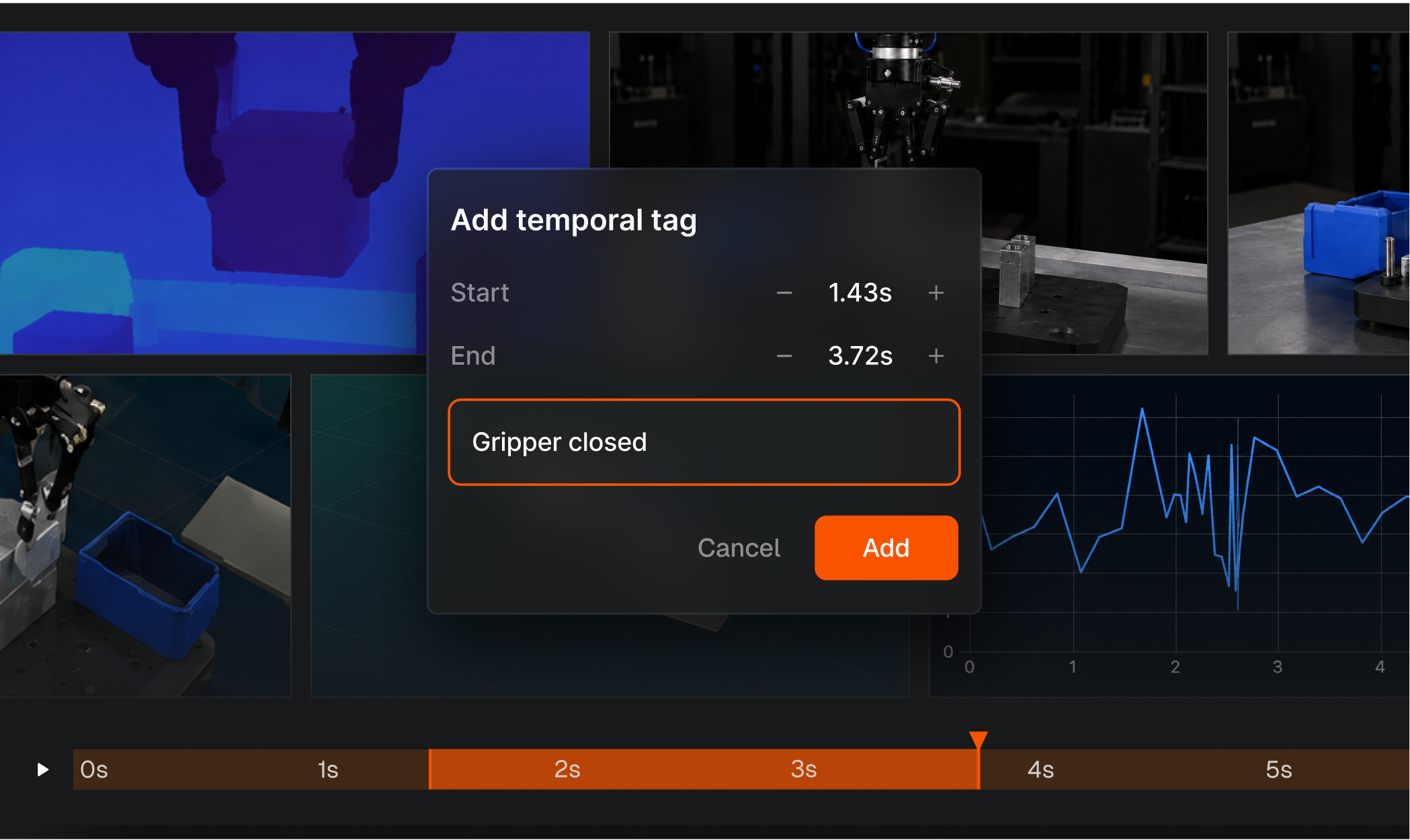 Temporal tags in Voxel51 showing a timestamp on an episode when the gripper closed