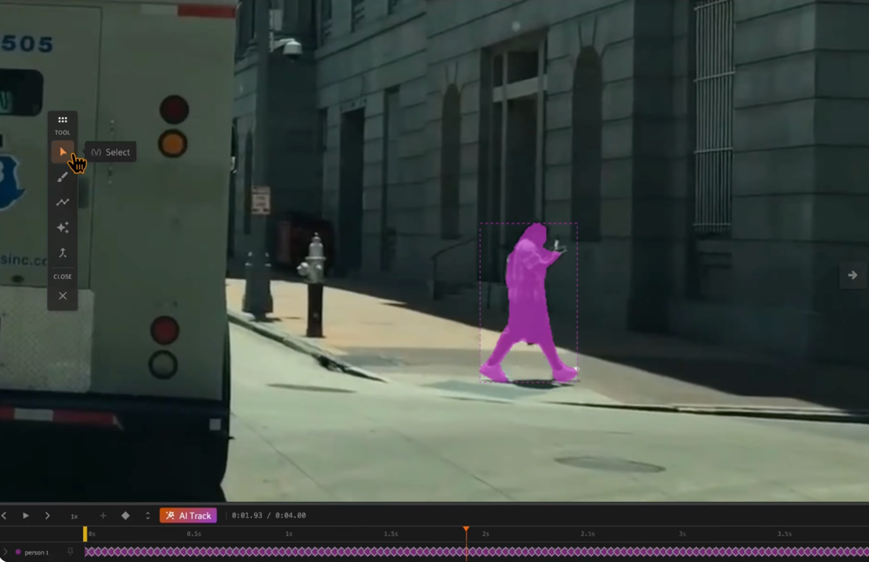 SAM 2 video labeling in Voxel51, with a pedestrian labeled and tracked across video frames.