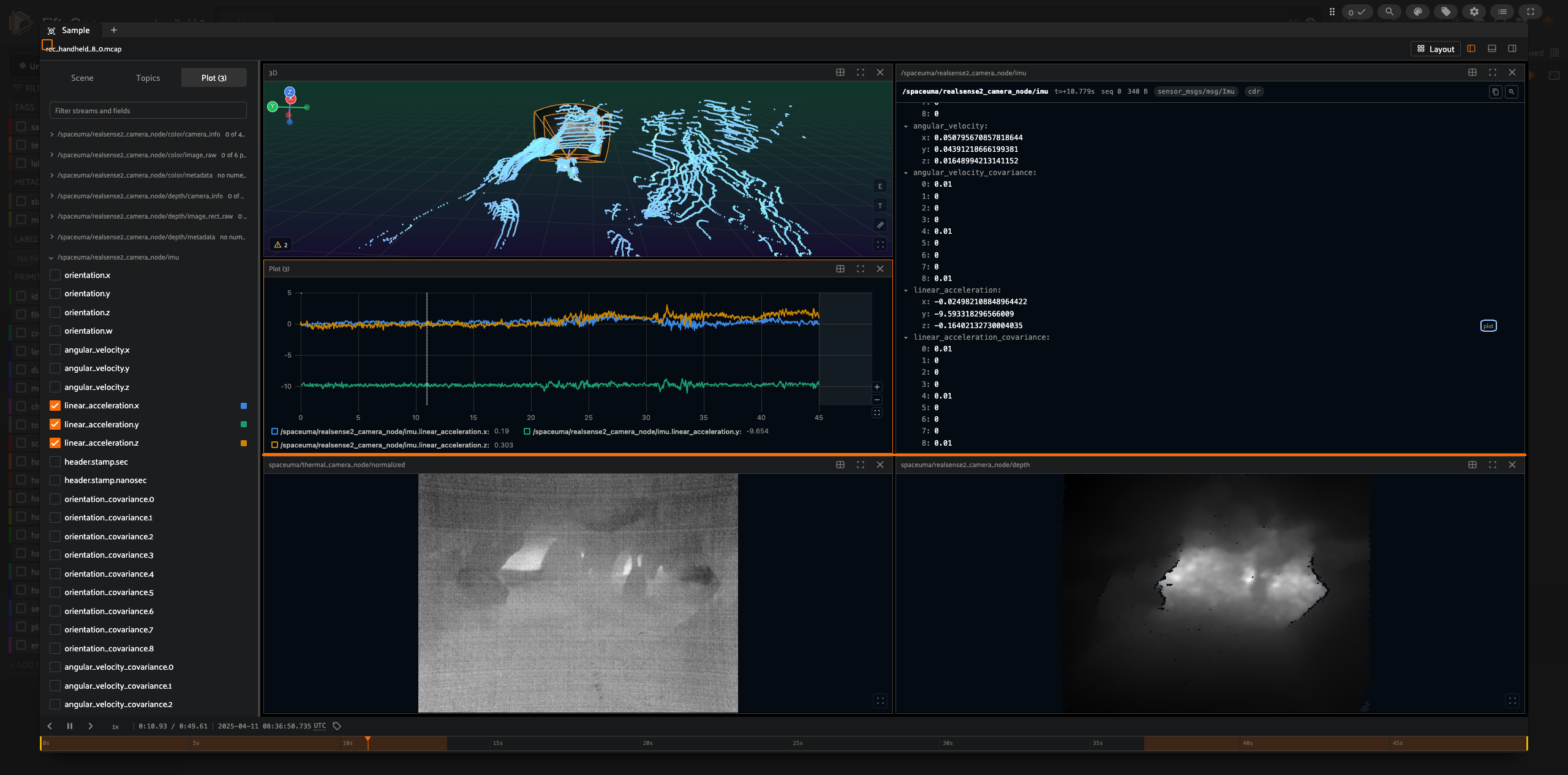 Five synchronized views of the same instant in FiftyOne: 3D point cloud, three-axis acceleration plot, raw IMU message, thermal, and depth.