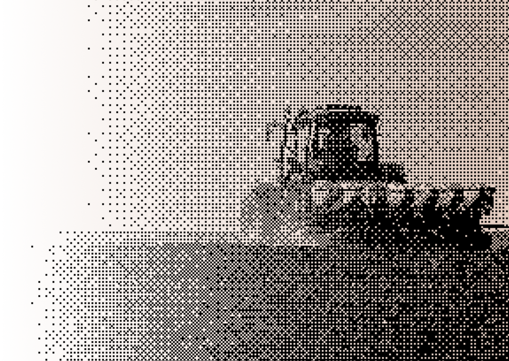 Halftone dot image of farm machinery working a field.