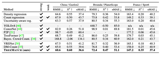 TreeMatch benchmark results on TinyTrees across Gaofen-2 (China), PlanetScope (Rwanda), and SPOT-6 (France), from the paper.