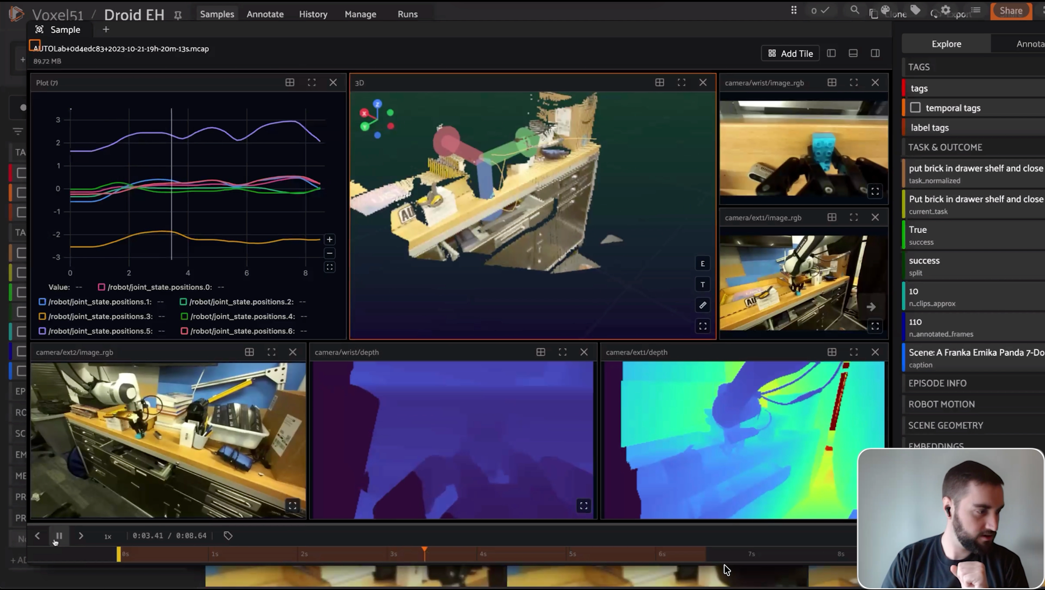 FiftyOne sample view of a robot episode with joint state plots, a 3D point cloud, RGB and depth camera tiles, and task metadata in the sidebar