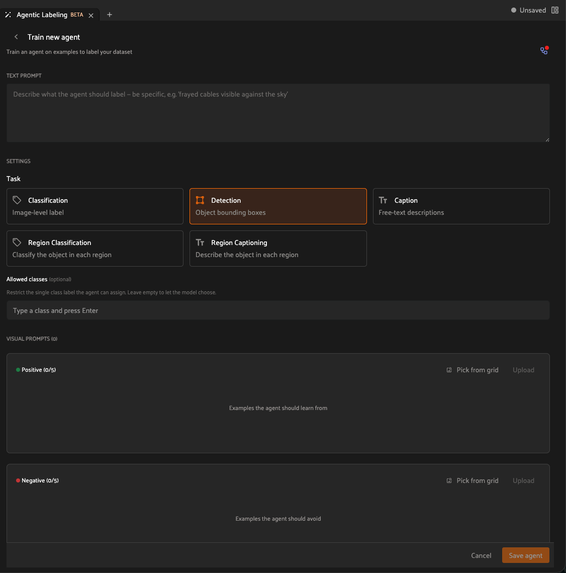 Agentic Labeling panel showing five task types: Classification, Detection, Caption, Region Classification, and Region Captioning
