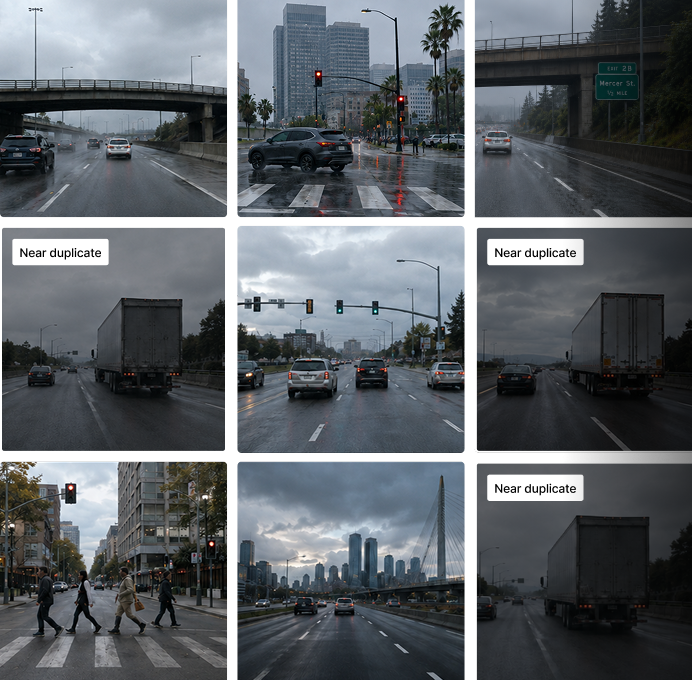 Grid of nine dashcam-style driving photos; three labeled "Near duplicate" show nearly identical views of a truck or car ahead on a rainy road, illustrating redundant data in a dataset.